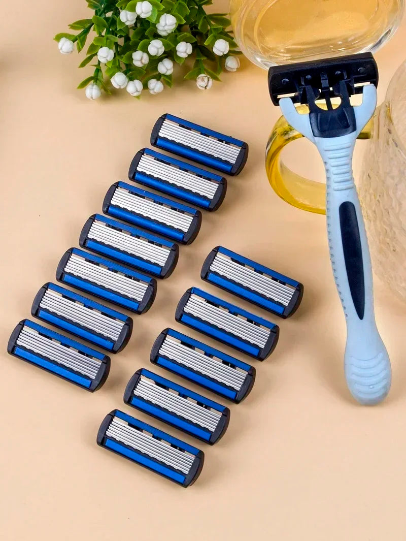 Men and Women Manual Safety Razor 6-Layer Stainless Steel 1 Handle + 12 Blades