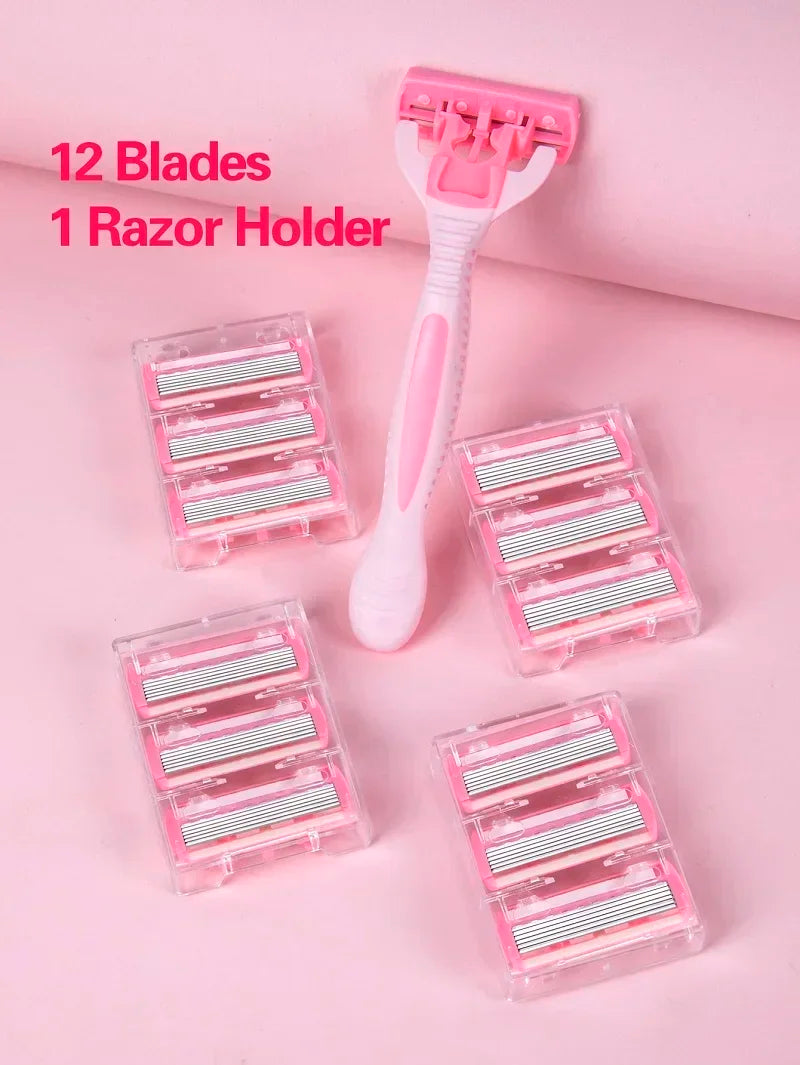 Men and Women Manual Safety Razor 6-Layer Stainless Steel 1 Handle + 12 Blades