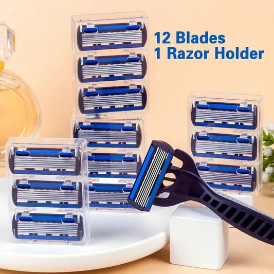 Men and Women Manual Safety Razor 6-Layer Stainless Steel 1 Handle + 12 Blades